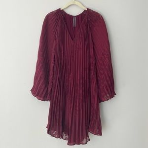 Anthropologie Toulon Pleated Burgundy Mini Swing Dress Size S